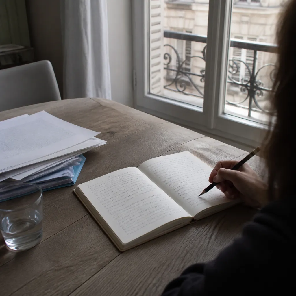 Carnet ouvert sur une liste manuscrite, un crayon posé en travers de la page