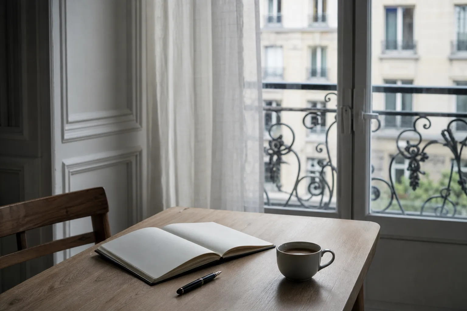 Table en bois clair devant une fenêtre d’appartement parisien, lumière du matin, carnet ouvert et stylo posé