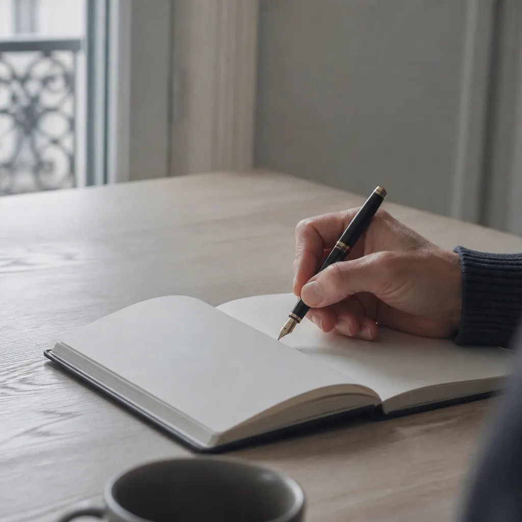 Main qui écrit dans un carnet posé sur une table en bois, lumière rasante venue de la gauche
