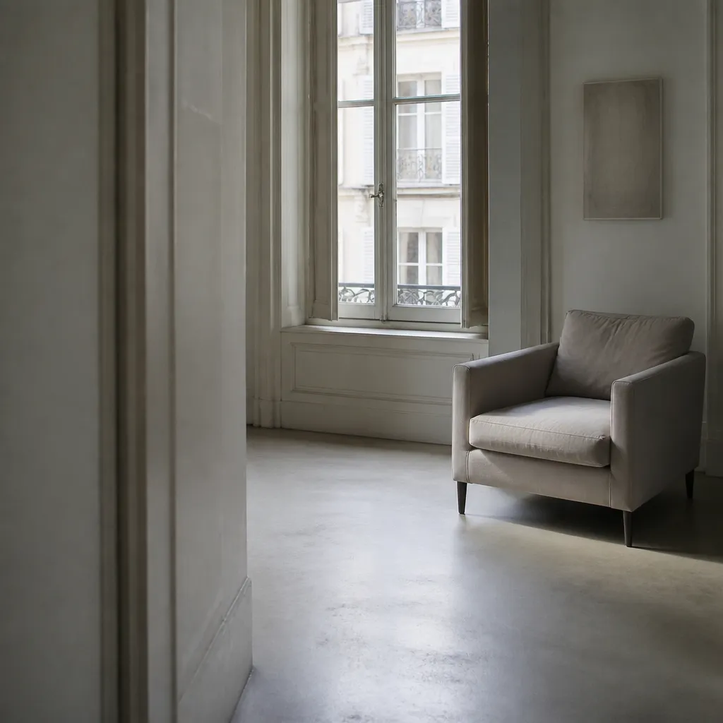 Pièce vide et sobre, grande fenêtre, lumière grise étalée sur le parquet