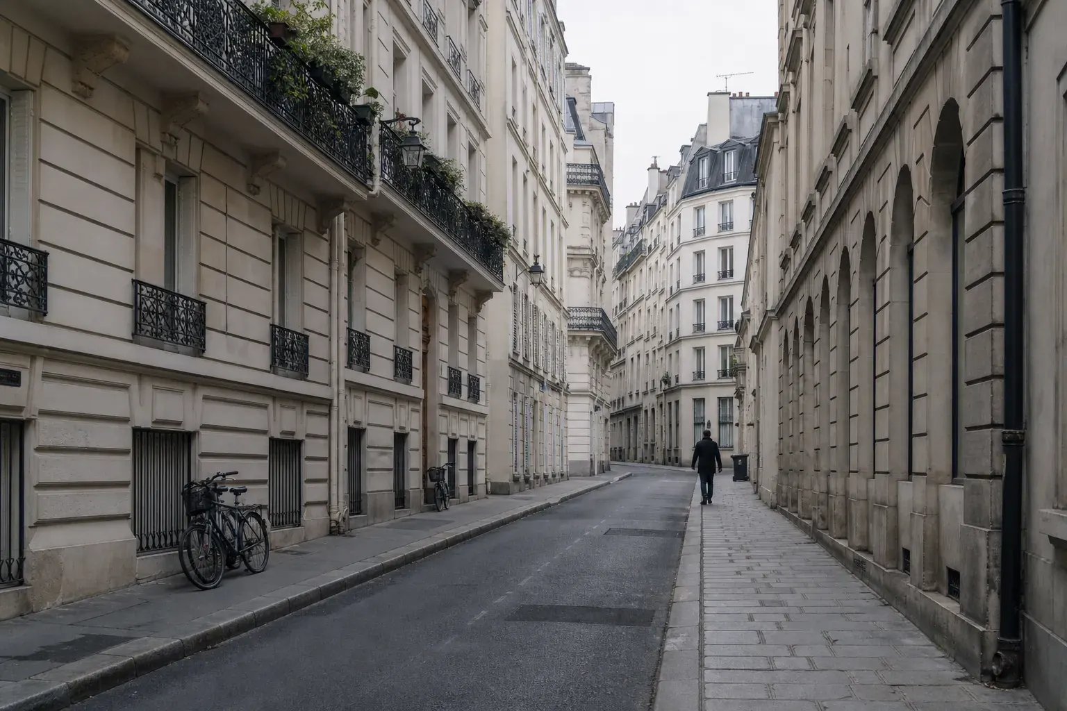 Rue résidentielle d’un arrondissement parisien, façades haussmanniennes claires sous une lumière grise